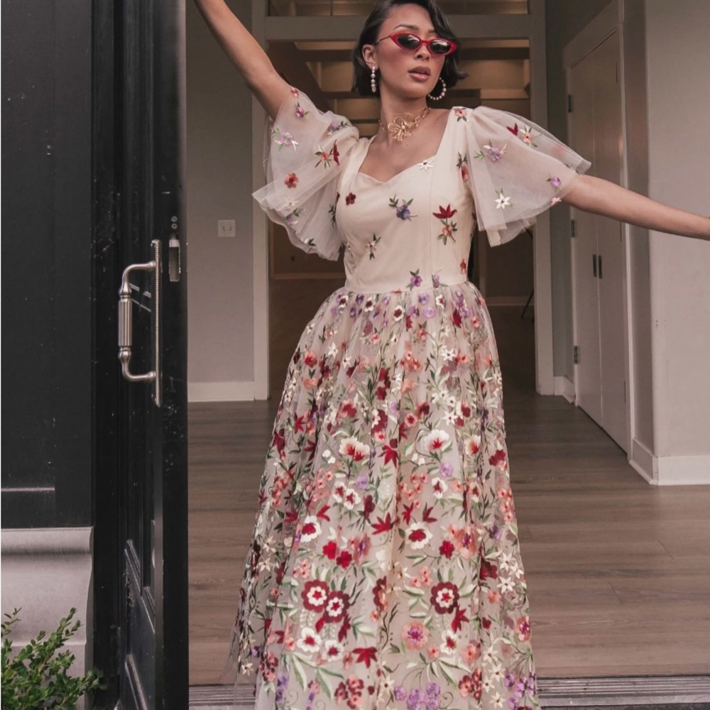 New JessiKae Florence dress with embroidered floral on cream.